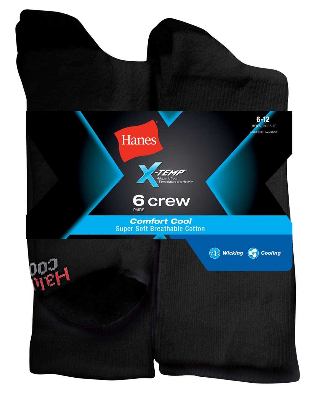 Hanes Premium Men's Crew Socks  Black Socks Size:6-12 All Day Comfort 6 Ct